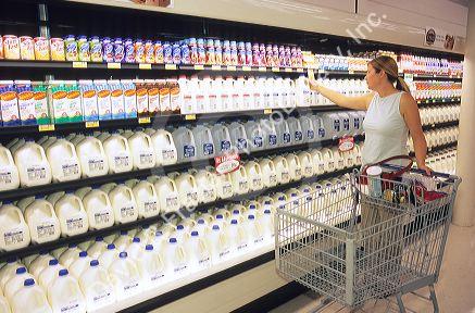 Woman shopping for milk in a grocery store.