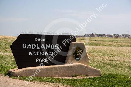 Badlands National Park entrance sign in southwest South Dakota, USA.