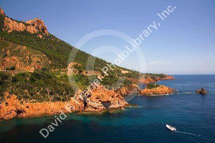 Pleasure boat on the coast of the Mediterranean Sea near Frejus in Southern France.