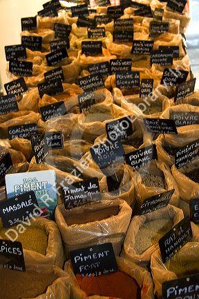 Spices being sold at an outdoor market in Sanary sur Mer, Southern France.
