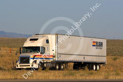 Truck hauling freight on Interstate 84 near Boise, Idaho, USA.