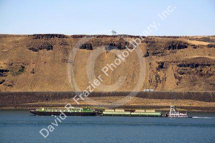 Barges being pushed down the Columbia River by a tugboat near the John Day Dam, Oregon, USA.