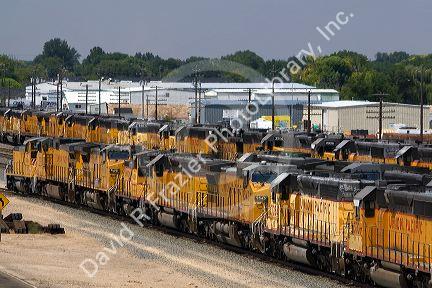 Hundreds of Union Pacific locomotive engines being stored at a rail yard in Nampa, Idaho, USA.
