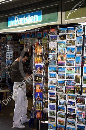 Newsstand selling postcards in the Latin Quarter of Paris, France.