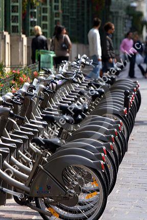 Velib public bicycle rentals near Les Halles in Paris, France.