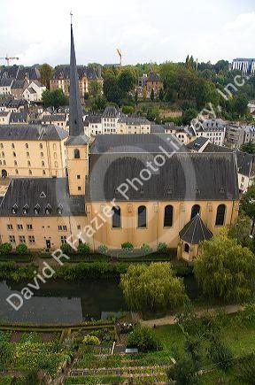 The Grund quarter along the Alzette River in central Luxembourg City, Luxembourg.