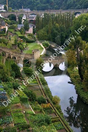 Gardens along the Alzette River in the Grund district of Luxembourg City, Luxembourg.
