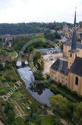 Gardens along the Alzette River in the Grund district of Luxembourg City, Luxembourg.