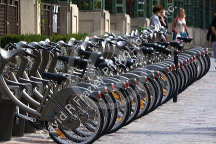 Velib public bicycle rentals near Les Halles in Paris, France.