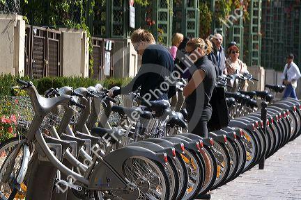 Velib public bicycle rentals near Les Halles in Paris, France.