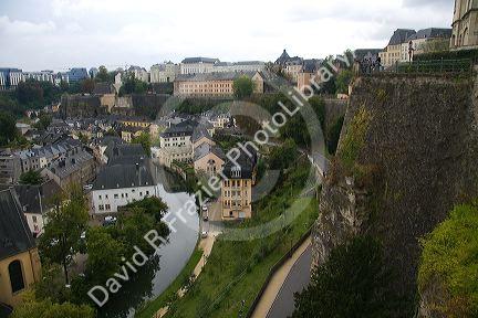The Grund quarter along the Alzette River in central Luxembourg City, Luxembourg.