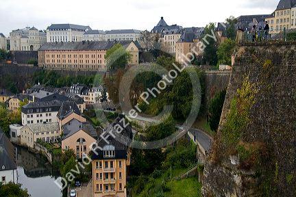 The Grund quarter along the Alzette River in central Luxembourg City, Luxembourg.