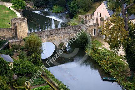 The Grund quarter along the Alzette River in central Luxembourg City, Luxembourg.