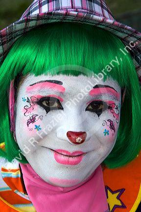 A female clown performer in the city of Puebla, Puebla, Mexico.