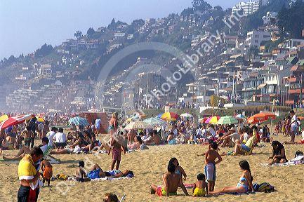 Crowded beach scene at Vina del Mar, Chile.