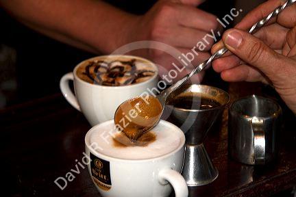 Barista making coffee drinks with tourists at the Britt coffee bar in San Rafael de Heredia, Costa Rica.