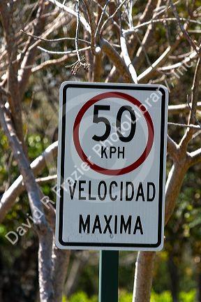 Speed limit road sign showing kilometre per hour in Costa Rica.