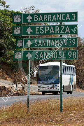 Direction road signs on the Pan American Highway in Costa Rica.
