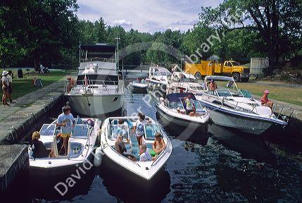 Locks on the Rideau Canal in Ontario, Canada.  Full 1 of two images showing lock function.