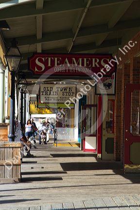 Wood board sidewalks at Old Sacramento State Historic Park in Sacramento, Califorina, USA.