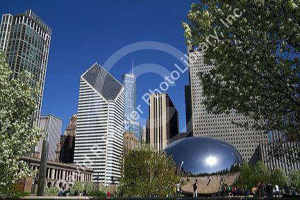 The Cloud Gate public sculpture is the centerpiece of the AT&T Plaza in Millennium Park, Chicago, Illinois.