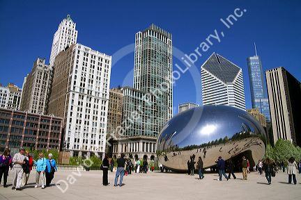 The Cloud Gate public sculpture is the centerpiece of the AT&T Plaza in Millennium Park, Chicago, Illinois.