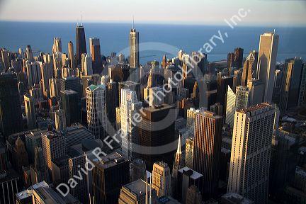 Aerial view of the city and Lake Michigan waterfront from the Willis Tower in Chicago, Illinois, USA.