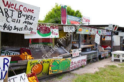 Colorful signage of a roadside produce stand along Highway 60 near Brandon, Florida, USA.