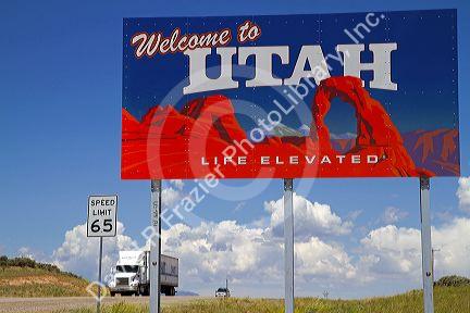 Welcome to Utah road sign along U.S. Route 491 east of Montecello, Utah, USA.
