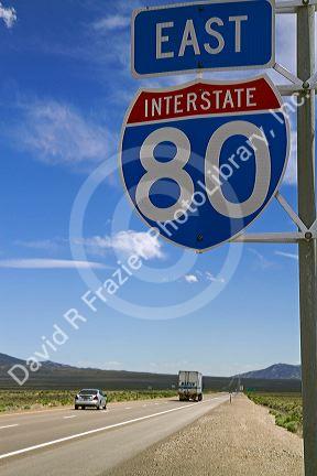 Interstate 80 road sign in northeast Nevada, USA.