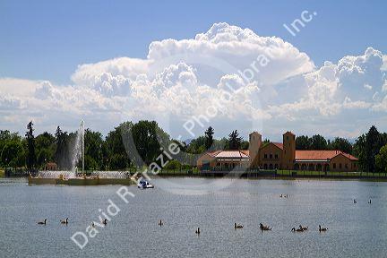 The boathouse on Ferril Lake in City Park, Denver, Colorado, USA.