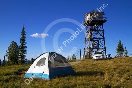 Tent camping near the Green Mountain Lookout tower along the historic Magruder Corridor road that devides the Frannk Church-River of No Return Wilderness Area and the Selway-Bitterwoot Wilderness in Idaho, USA.