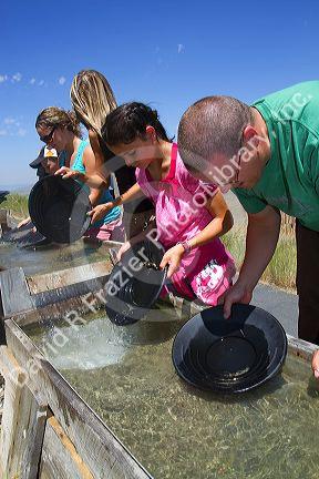 Visitors pan for gold in a demonstration gold panning sluice at the National Historic Oregon Trail Interpretive Center near Baker City, Oregon, USA.