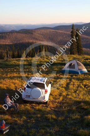 Tent camping at the summit of Green Mountain along the historic Magruder Corridor road that devides the Frannk Church-River of No Return Wilderness Area and the Selway-Bitterwoot Wilderness in Idaho, USA.