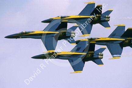 The Blue Angels F/A-18 Hornets fly in formation.