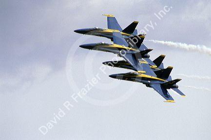 The Blue Angels F/A-18 Hornets fly in formation.
