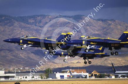 The Blue Angels F/A-18 Hornets fly in formation.
