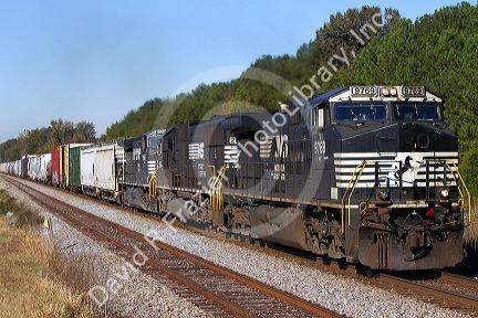 Norfolk Southern Railway locomotive traveling along Highway 72 west of Mussel Shoals, Alabama, USA.