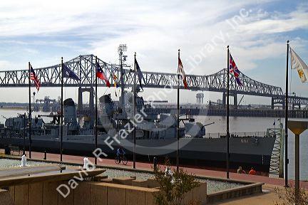 USS Kidd (DD-661) navy destroyer serves as part of the Louisiana Veterans Memorial on the Mississippi River at Baton Rouge, Louisiana, USA.
