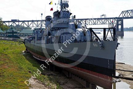 USS Kidd (DD-661) navy destroyer serves as part of the Louisiana Veterans Memorial on the Mississippi River at Baton Rouge, Louisiana, USA.