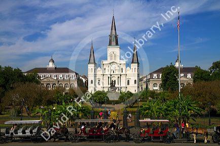 Saint Louis Cathedral and Jackson Square located in the French Quarter of New Orleans, Louisiana, USA.