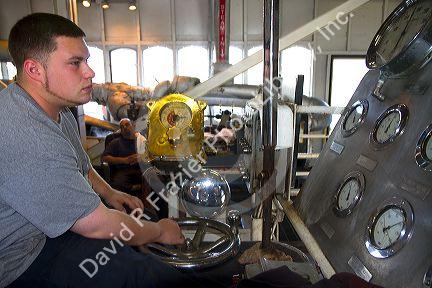 Engine room of the SS. Natchez steamboat on the Mississippi River at New Orleans, Louisiana, USA.