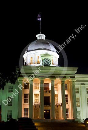 The Alabama State Capitol Building at night located on Goat Hill in Montgomery, Alabama, USA.
