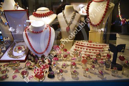 Window display of Rodocrosita in a jewelry store in Buenos Aires, Argentina.