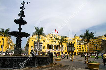 Municipal Palace at the Plaza Mayor or Plaza de Armas of Lima, Peru.