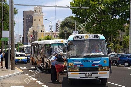Public transportation bus in downtown Lima, Peru.
