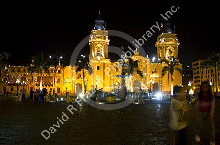 Basilica Cathedral at the Plaza Mayor or Plaza de Armas of Lima, Peru.