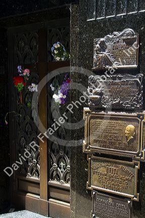 Bronze plaque marking Eva Peron mausoleum in La Recoleta Cemetery, Buenos Aires, Argentina.