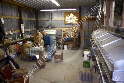 Maple syrup displays at a sugar shack in Lake Odessa, Michigan, USA.