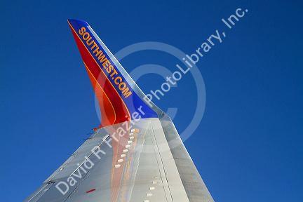 The wing of a Southwest Boeing 737 in flight.